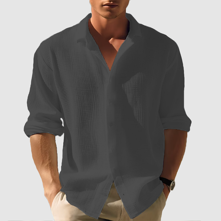 Men's Linen Shirt - Button-Down Front and Relaxed Long Sleeve Detail