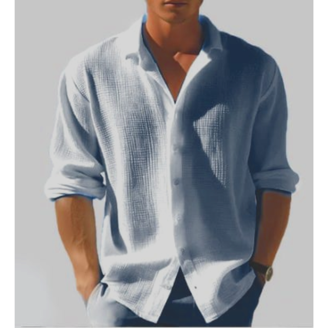 Men's Linen Shirt - Button-Down Front and Relaxed Long Sleeve Detail