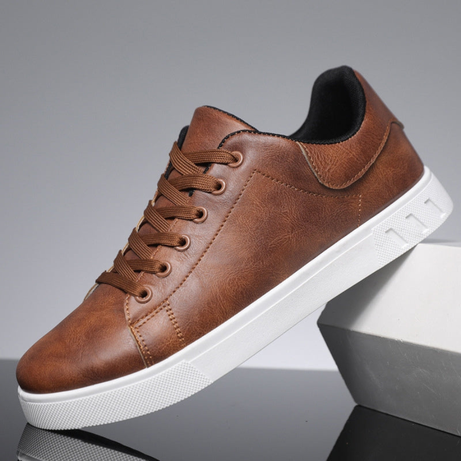 Men's Trainers - Leather Lace-Up Design and Contrast Flat Sole Detail