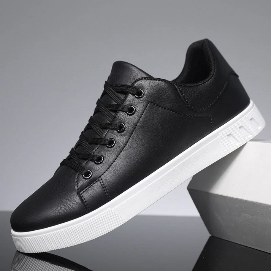 Men's Trainers - Leather Lace-Up Design and Contrast Flat Sole Detail