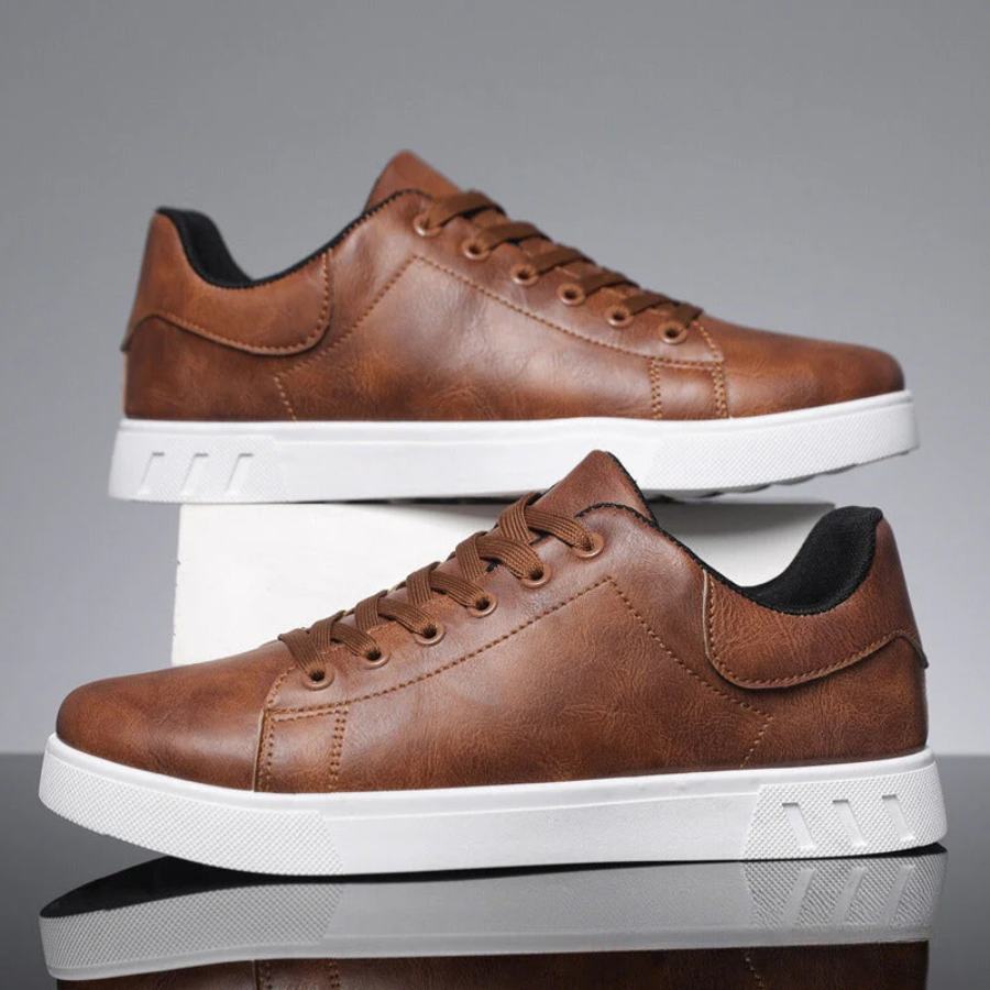 Men's Trainers - Leather Lace-Up Design and Contrast Flat Sole Detail