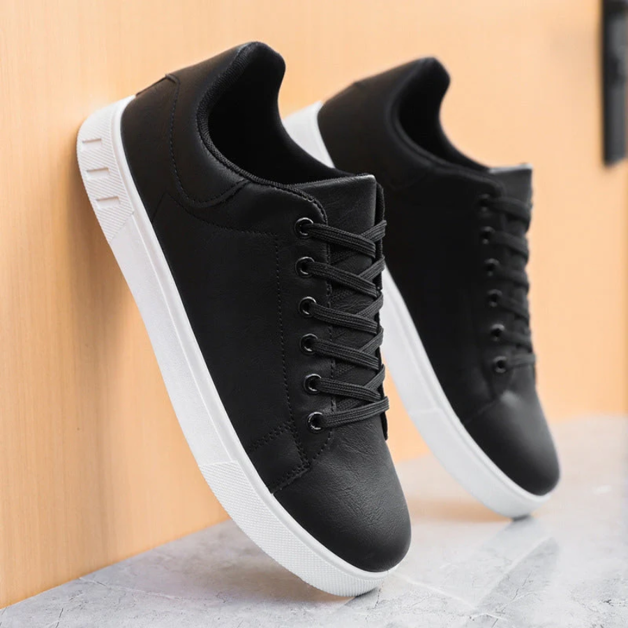 Men's Trainers - Leather Lace-Up Design and Contrast Flat Sole Detail