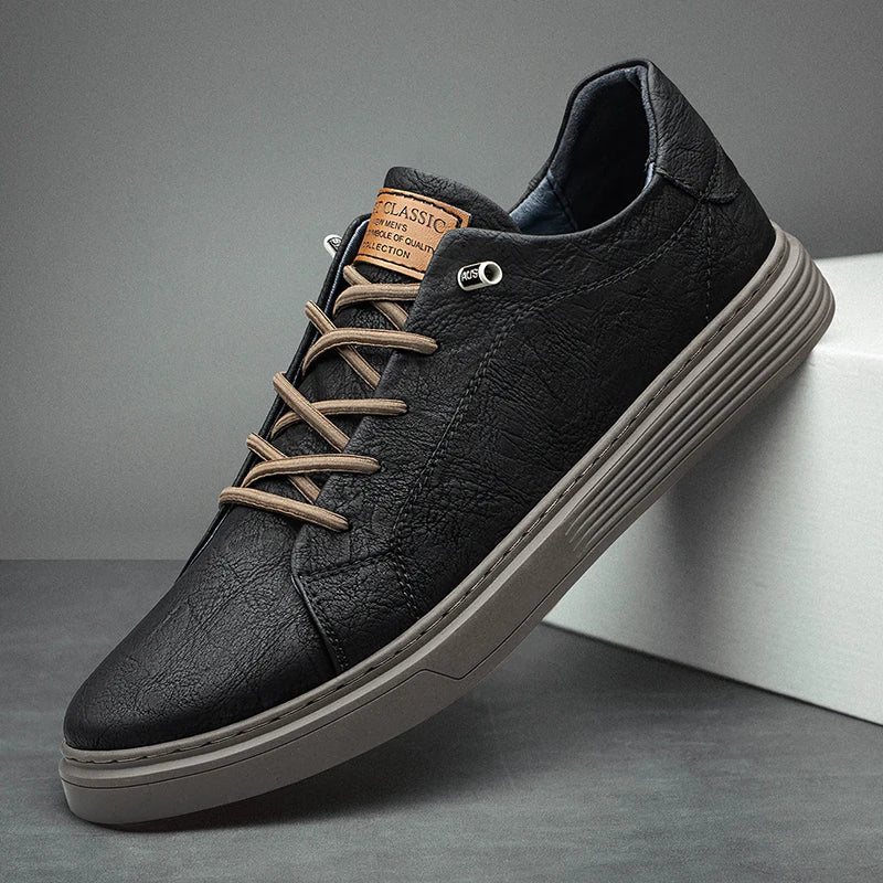 Men's Sneakers - Leather Lace-Up Front with Branded Tongue and Ribbed Sole Detail