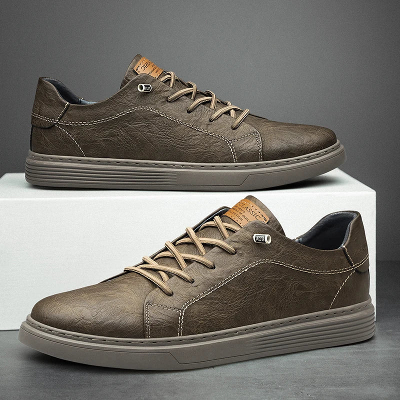 Men's Sneakers - Leather Lace-Up Front with Branded Tongue and Ribbed Sole Detail