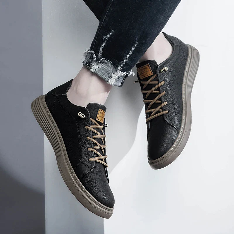 Men's Sneakers - Leather Lace-Up Front with Branded Tongue and Ribbed Sole Detail