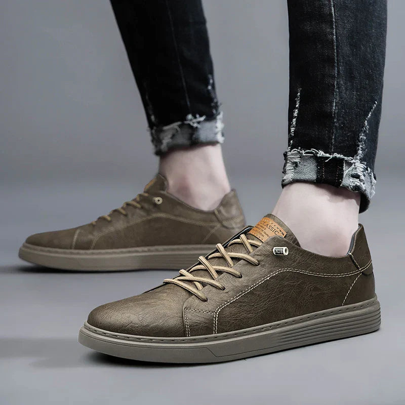 Men's Sneakers - Leather Lace-Up Front with Branded Tongue and Ribbed Sole Detail