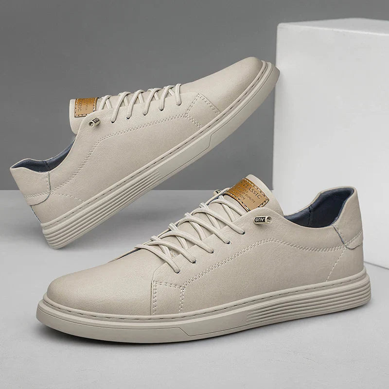 Men's Sneakers - Leather Lace-Up Front with Branded Tongue and Ribbed Sole Detail