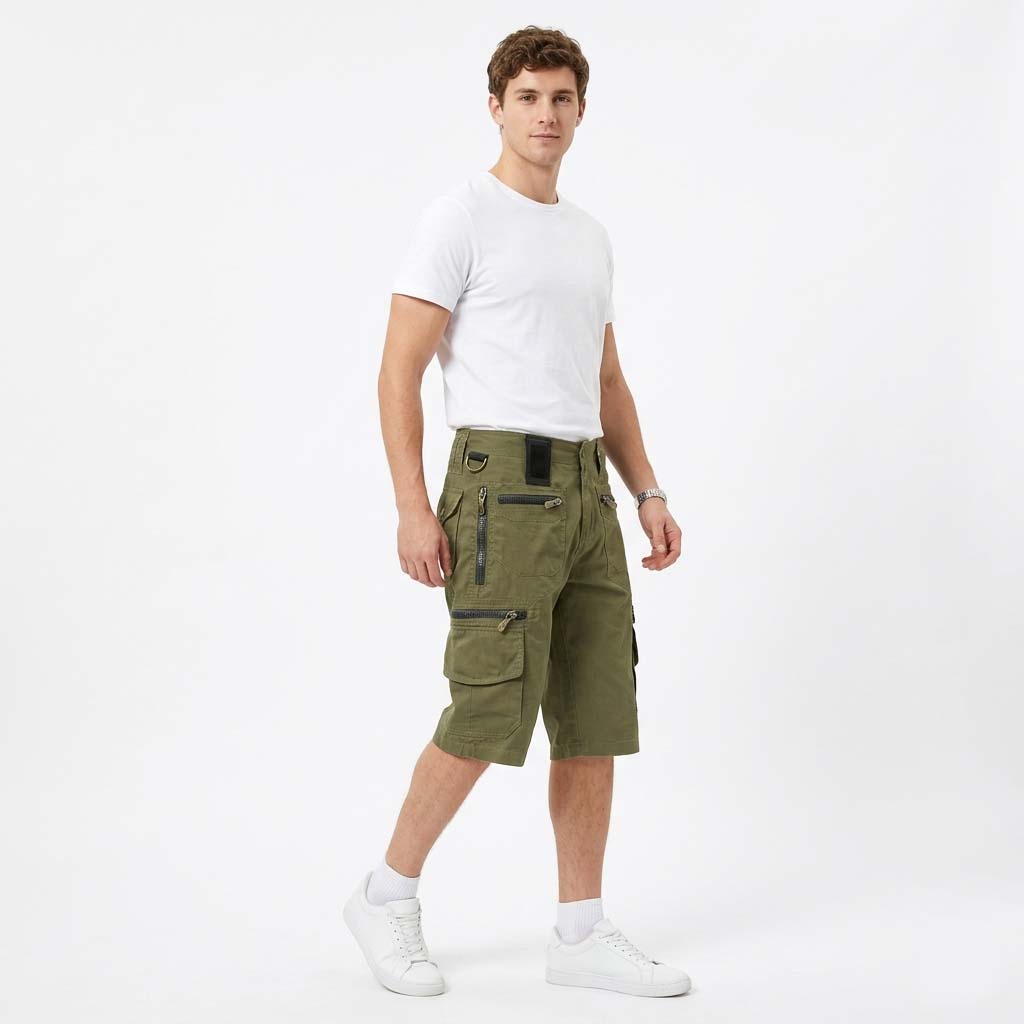 Men's Cargo Shorts - Multi-Pocket Design with Zip Fastening and D-Ring Detail