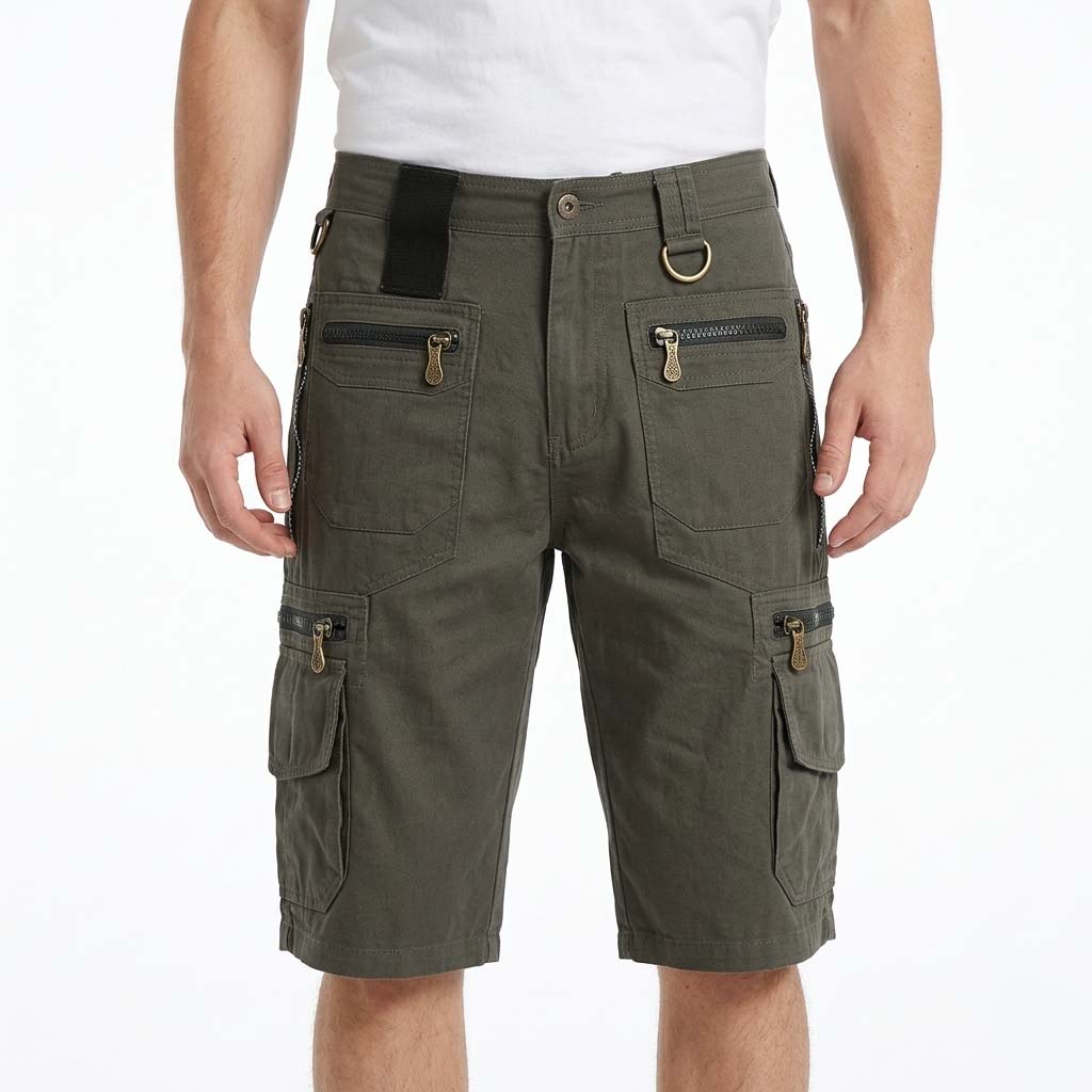 Men's Cargo Shorts - Multi-Pocket Design with Zip Fastening and D-Ring Detail