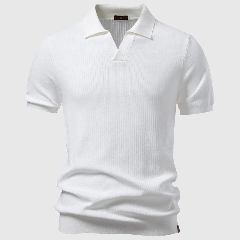 Men's Knit Polo Shirt - Vertical Rib Texture with Open Neck Collar