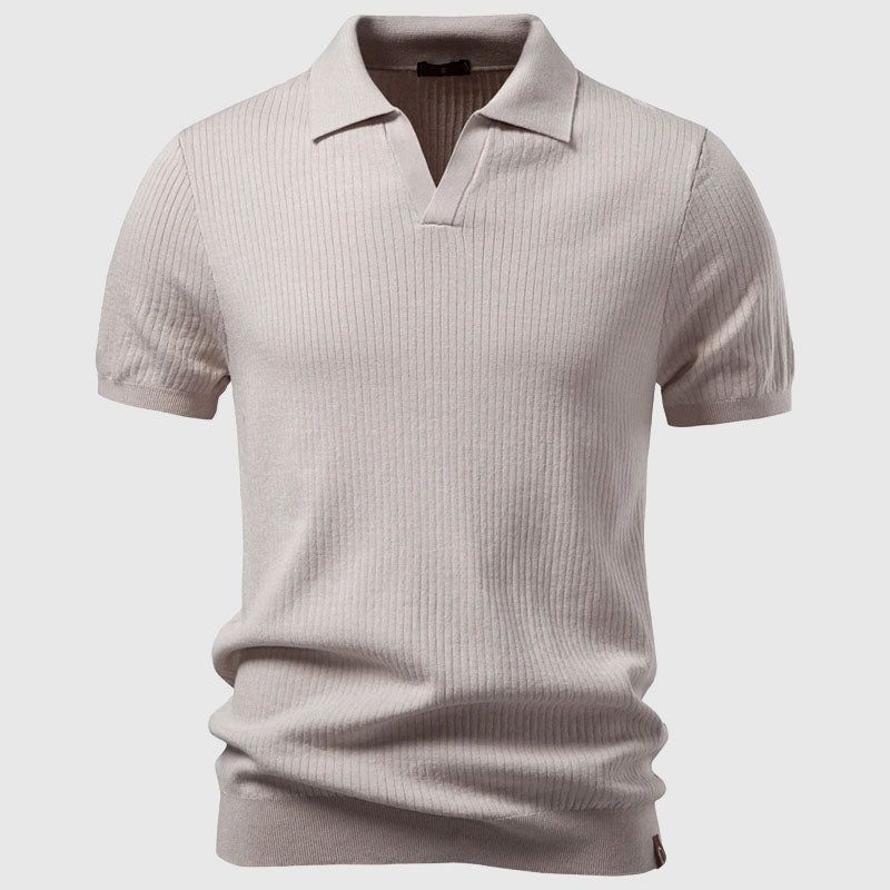 Men's Knit Polo Shirt - Vertical Rib Texture with Open Neck Collar