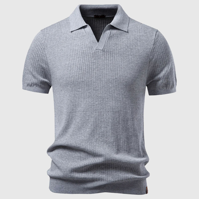 Men's Knit Polo Shirt - Vertical Rib Texture with Open Neck Collar