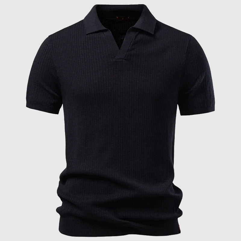 Men's Knit Polo Shirt - Vertical Rib Texture with Open Neck Collar