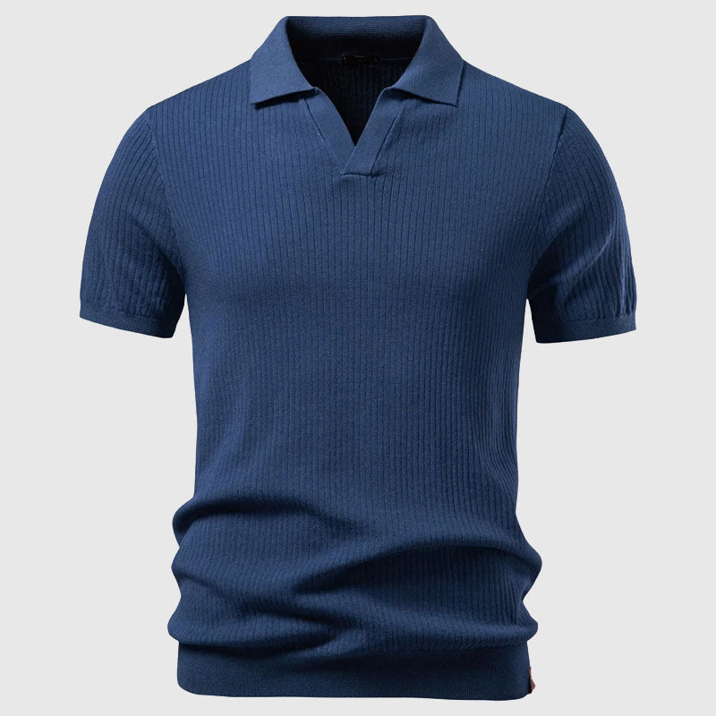 Men's Knit Polo Shirt - Vertical Rib Texture with Open Neck Collar