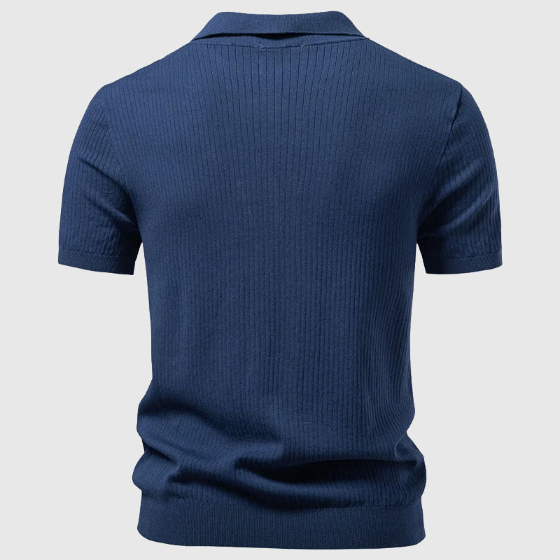 Men's Knit Polo Shirt - Vertical Rib Texture with Open Neck Collar