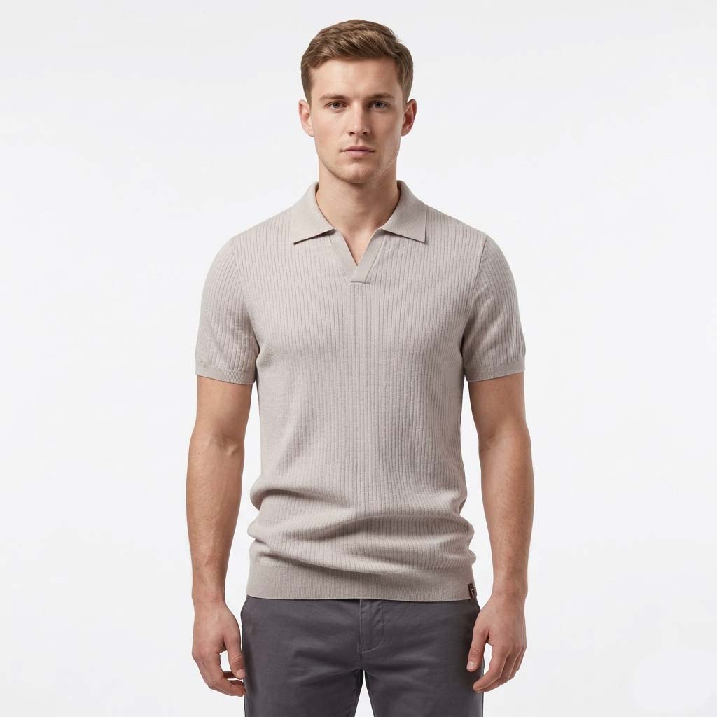 Men's Knit Polo Shirt - Vertical Rib Texture with Open Neck Collar