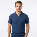 Men's Knit Polo Shirt - Vertical Rib Texture with Open Neck Collar