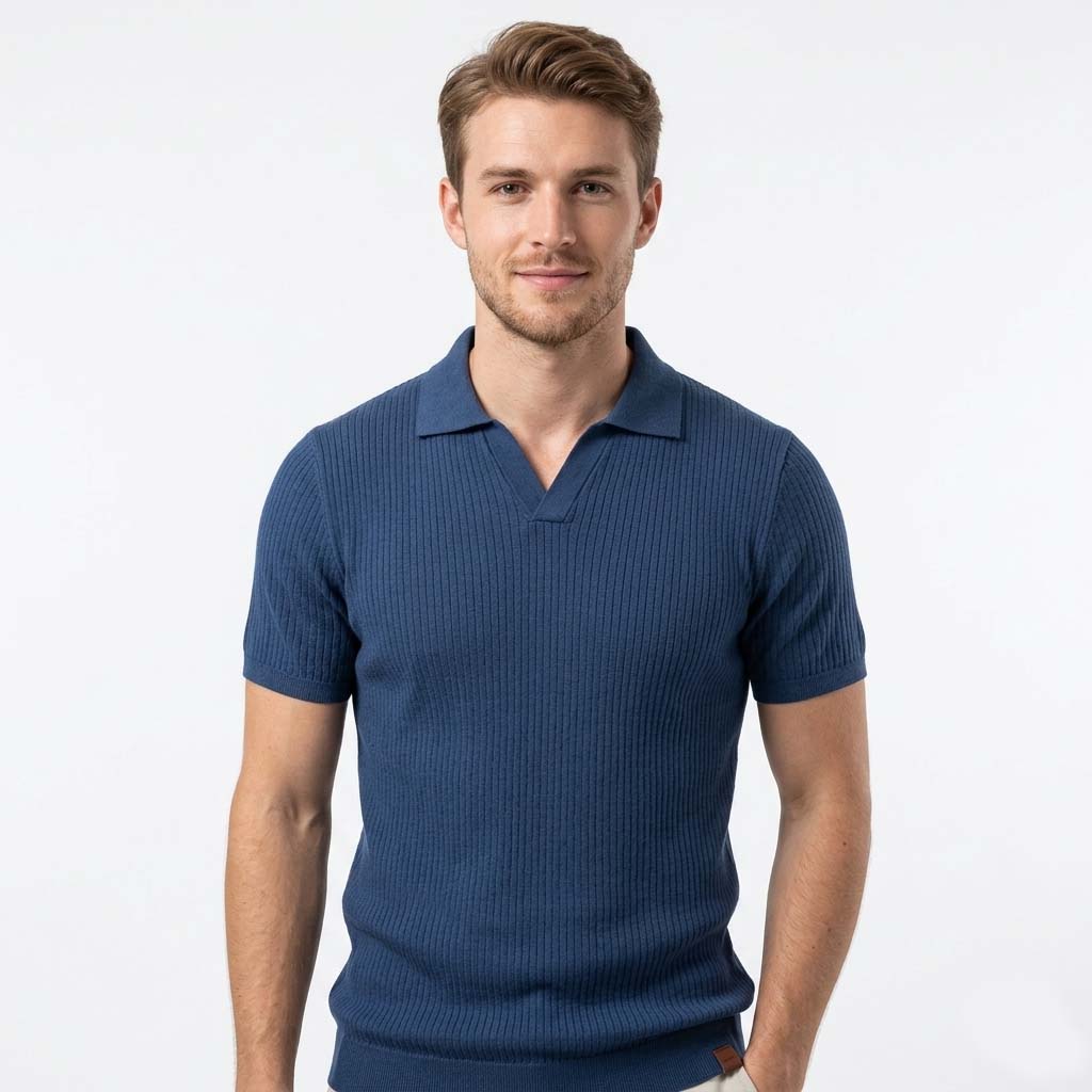 Men's Knit Polo Shirt - Vertical Rib Texture with Open Neck Collar