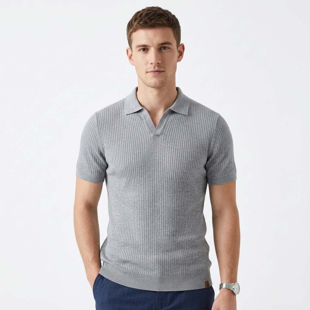 Men's Knit Polo Shirt - Vertical Rib Texture with Open Neck Collar