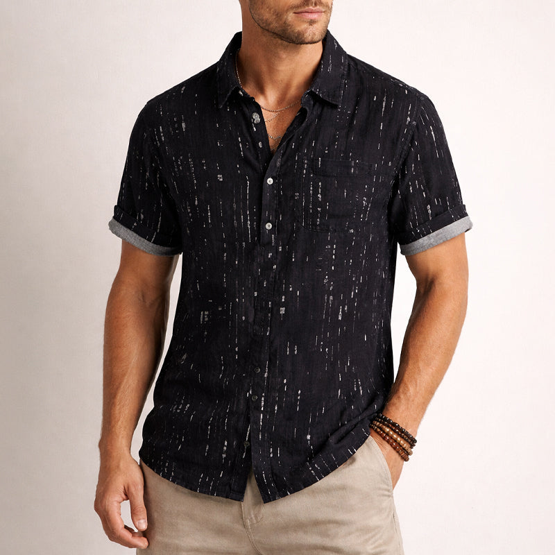 Men's Short Sleeve Shirt - Textured Vertical Distressed Print and Rolled Hem Detail