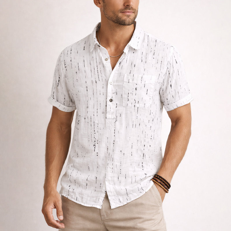 Men's Short Sleeve Shirt - Textured Vertical Distressed Print and Rolled Hem Detail