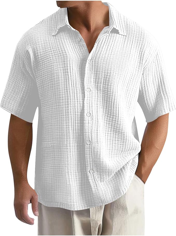 Men's Shirt - Textured Check Pattern and Short Sleeve Detail