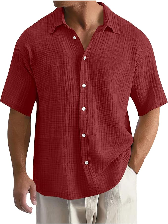 Men's Shirt - Textured Check Pattern and Short Sleeve Detail