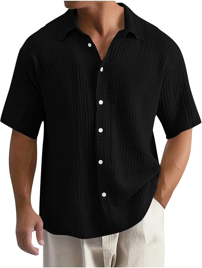 Men's Shirt - Textured Check Pattern and Short Sleeve Detail