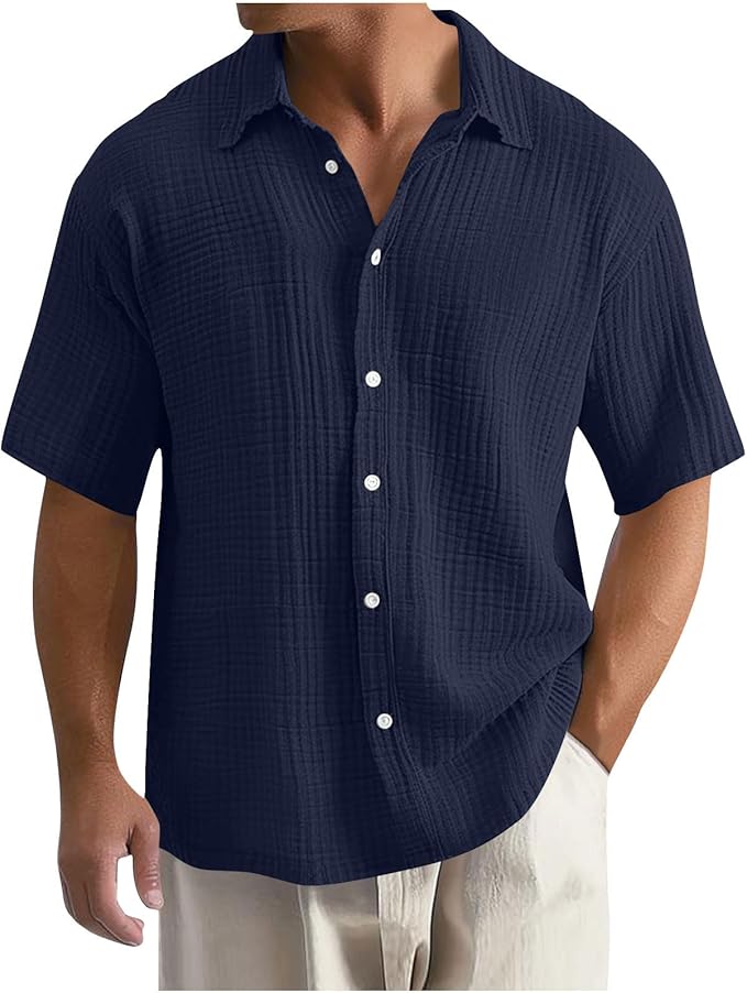 Men's Shirt - Textured Check Pattern and Short Sleeve Detail
