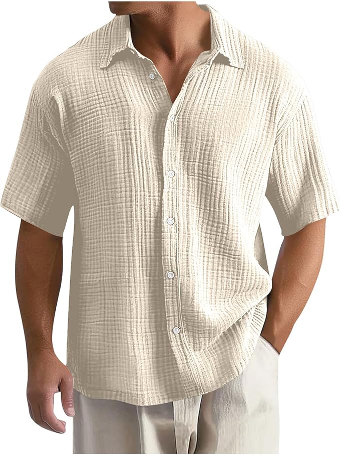 Men's Shirt - Textured Check Pattern and Short Sleeve Detail