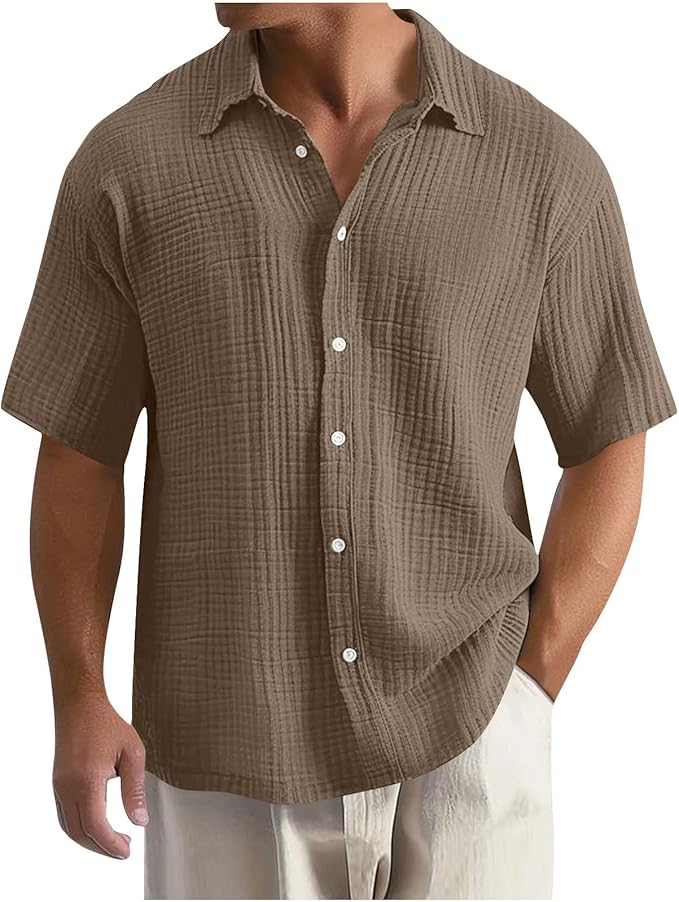 Men's Shirt - Textured Check Pattern and Short Sleeve Detail