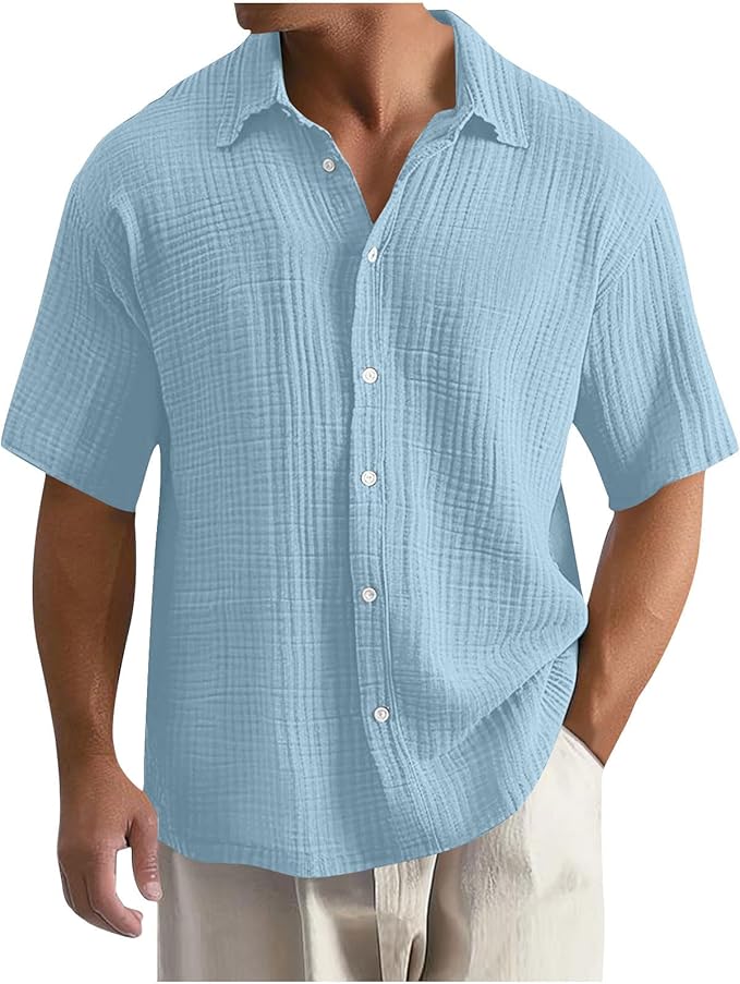 Men's Shirt - Textured Check Pattern and Short Sleeve Detail