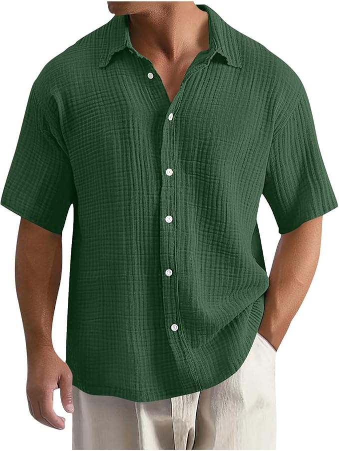 Men's Shirt - Textured Check Pattern and Short Sleeve Detail