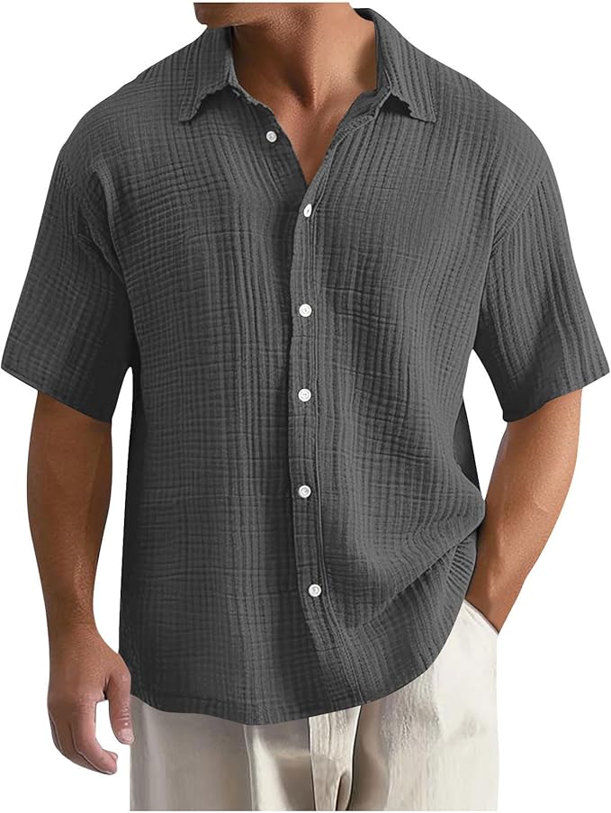 Men's Shirt - Textured Check Pattern and Short Sleeve Detail