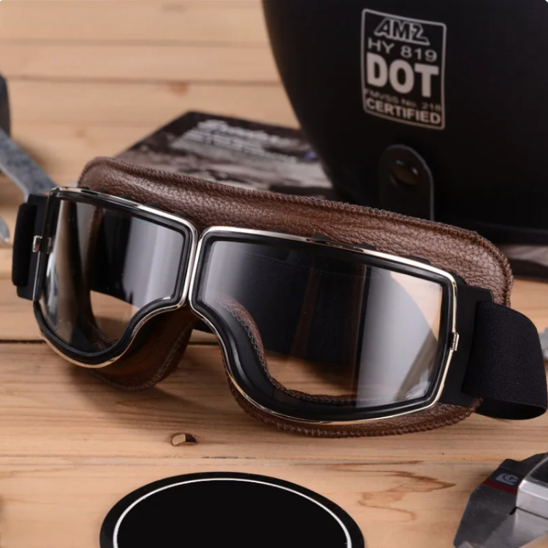Retro Motorcycle Goggles - Leather Padded Frame with Adjustable Strap and Tinted Lens Detail