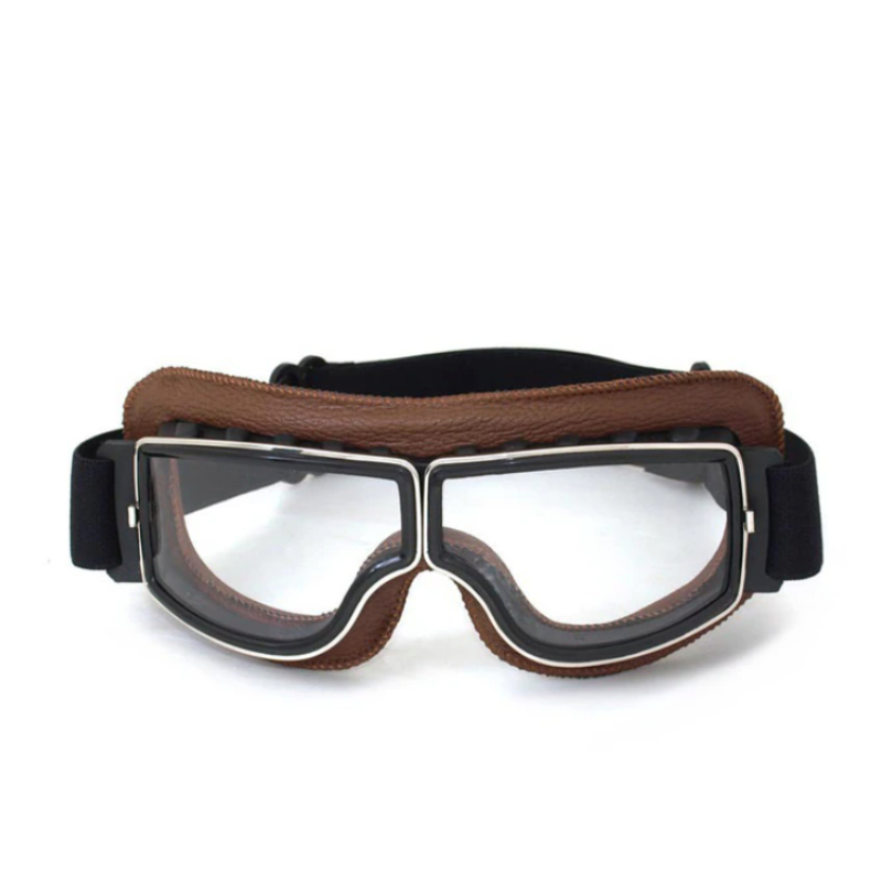 Retro Motorcycle Goggles - Leather Padded Frame with Adjustable Strap and Tinted Lens Detail