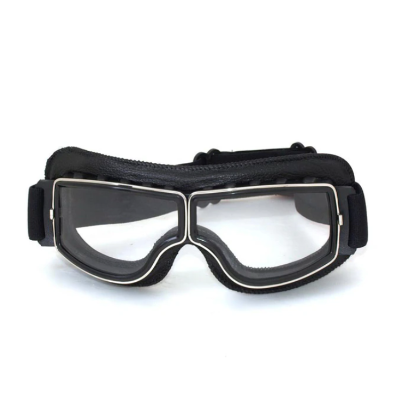 Retro Motorcycle Goggles - Leather Padded Frame with Adjustable Strap and Tinted Lens Detail