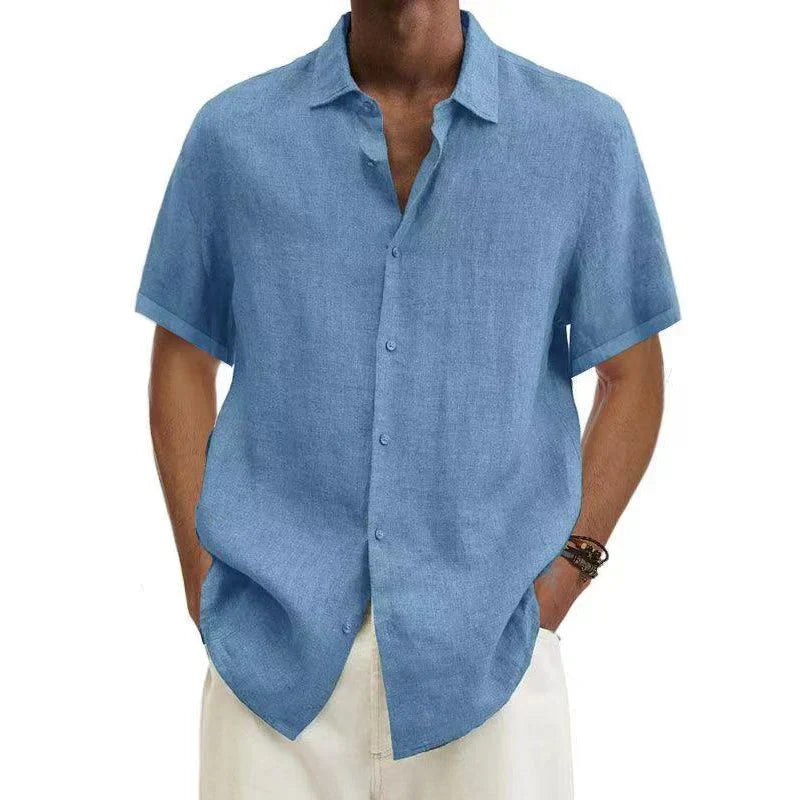 Men's Linen Shirt - Short Sleeve Button-Down Design and Relaxed Fit Detail