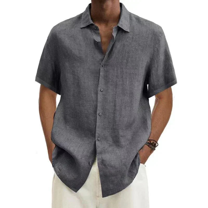 Men's Linen Shirt - Short Sleeve Button-Down Design and Relaxed Fit Detail