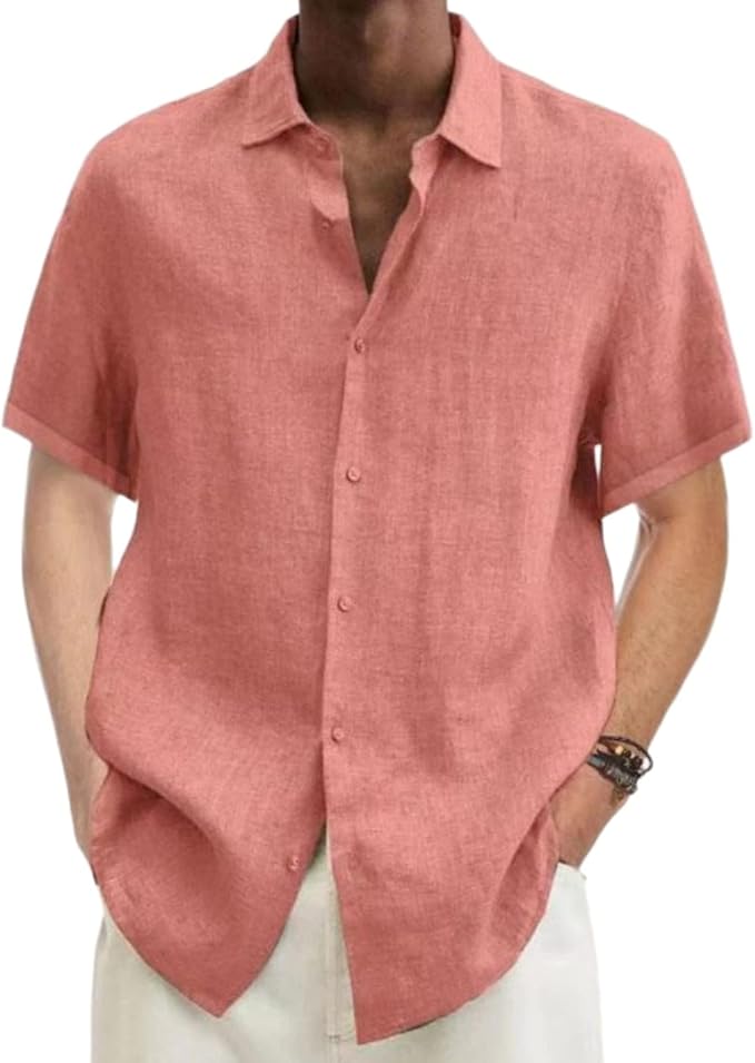 Men's Linen Shirt - Short Sleeve Button-Down Design and Relaxed Fit Detail
