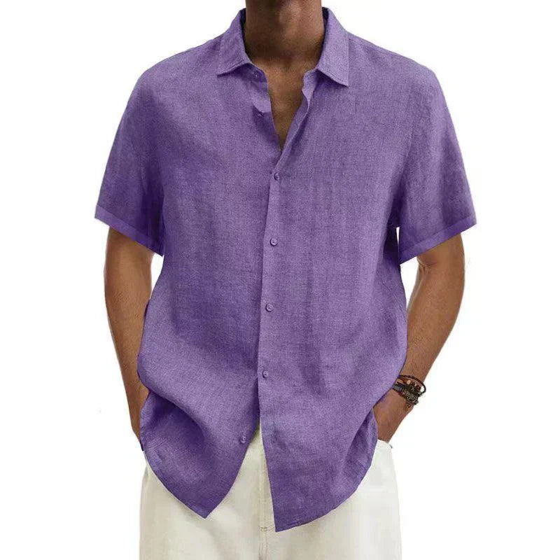 Men's Linen Shirt - Short Sleeve Button-Down Design and Relaxed Fit Detail