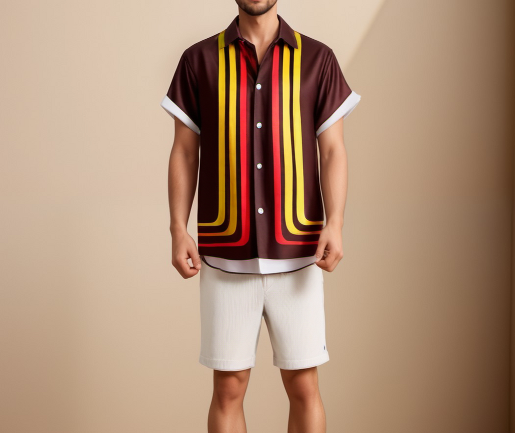 Men's Short Sleeve Shirt - Vertical Stripe Panel and Revere Collar Detail