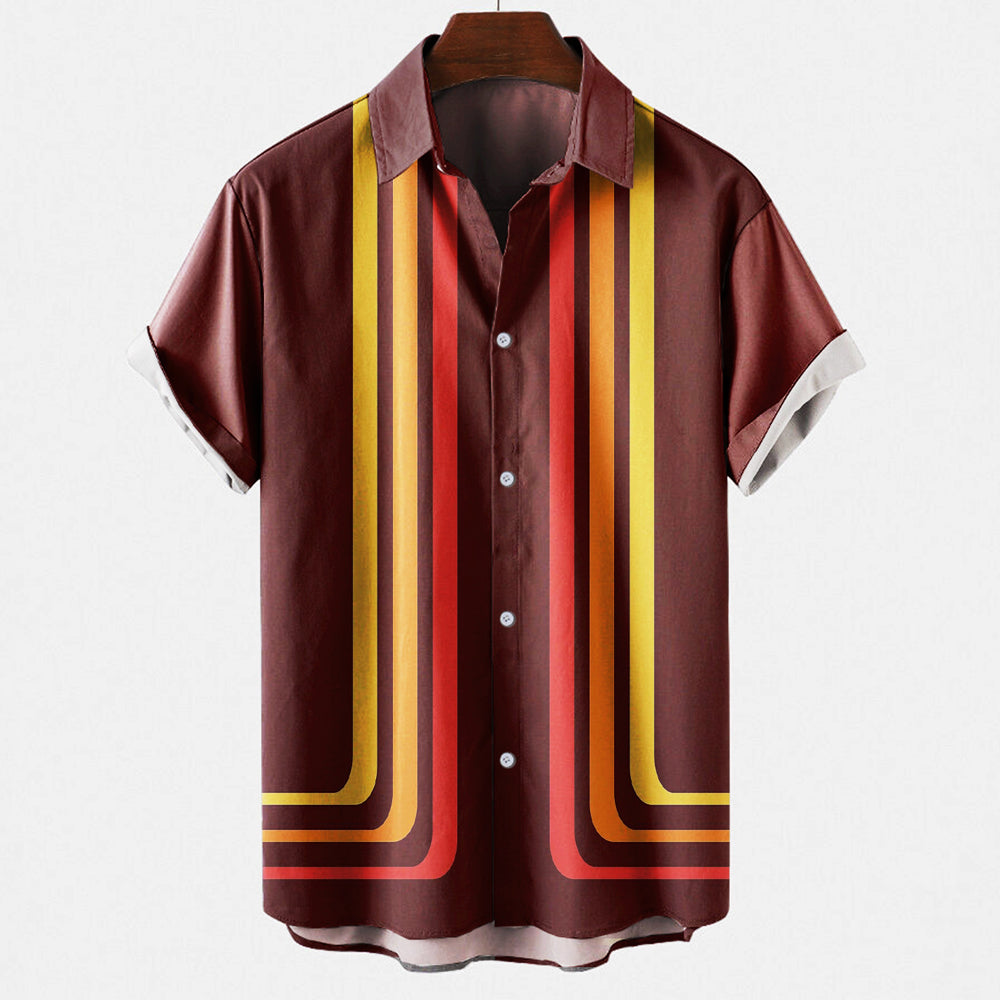 Men's Short Sleeve Shirt - Vertical Stripe Panel and Revere Collar Detail