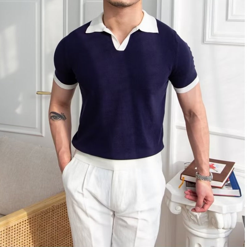 Men's Knit Polo Shirt - Contrast Collar with Open Neck and Short Sleeve Detail