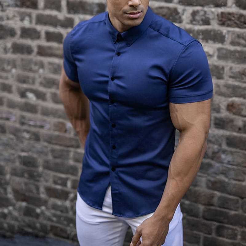 Men's Short Sleeve Shirt - Muscle Fit Design with Contrast Button Detail
