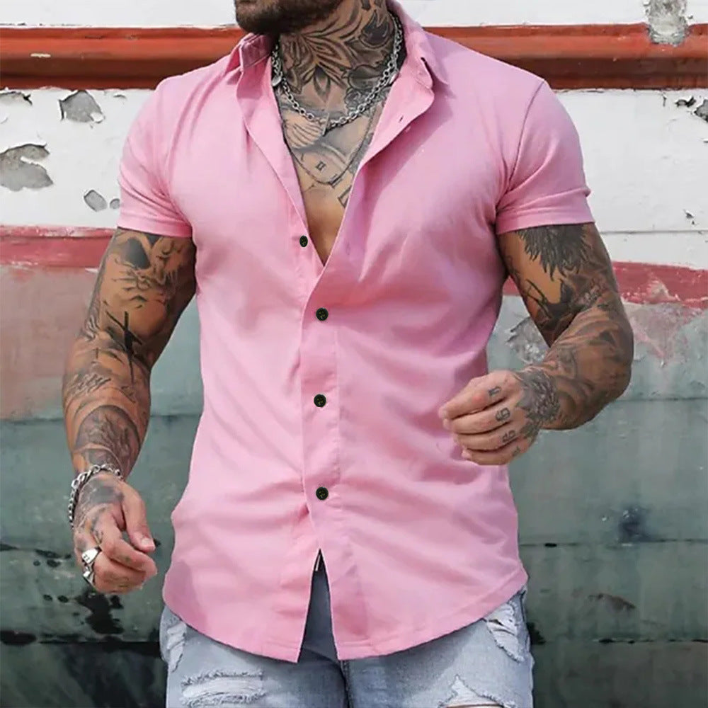 Men's Short Sleeve Shirt - Muscle Fit Design with Contrast Button Detail