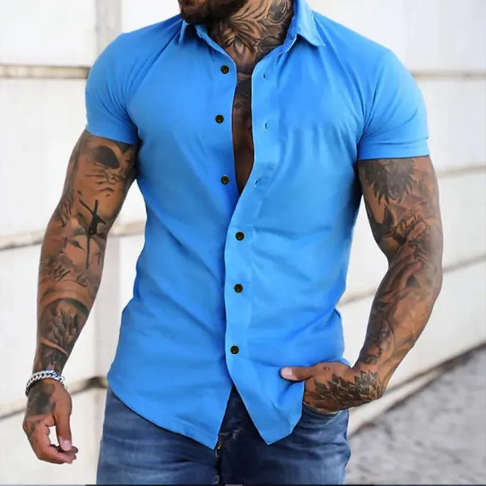 Men's Short Sleeve Shirt - Muscle Fit Design with Contrast Button Detail