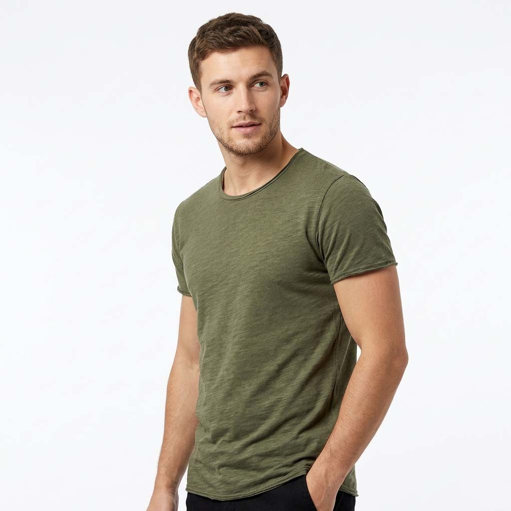 Men's T-Shirt - Slub Texture with Rolled Hem and Short Sleeve Detail
