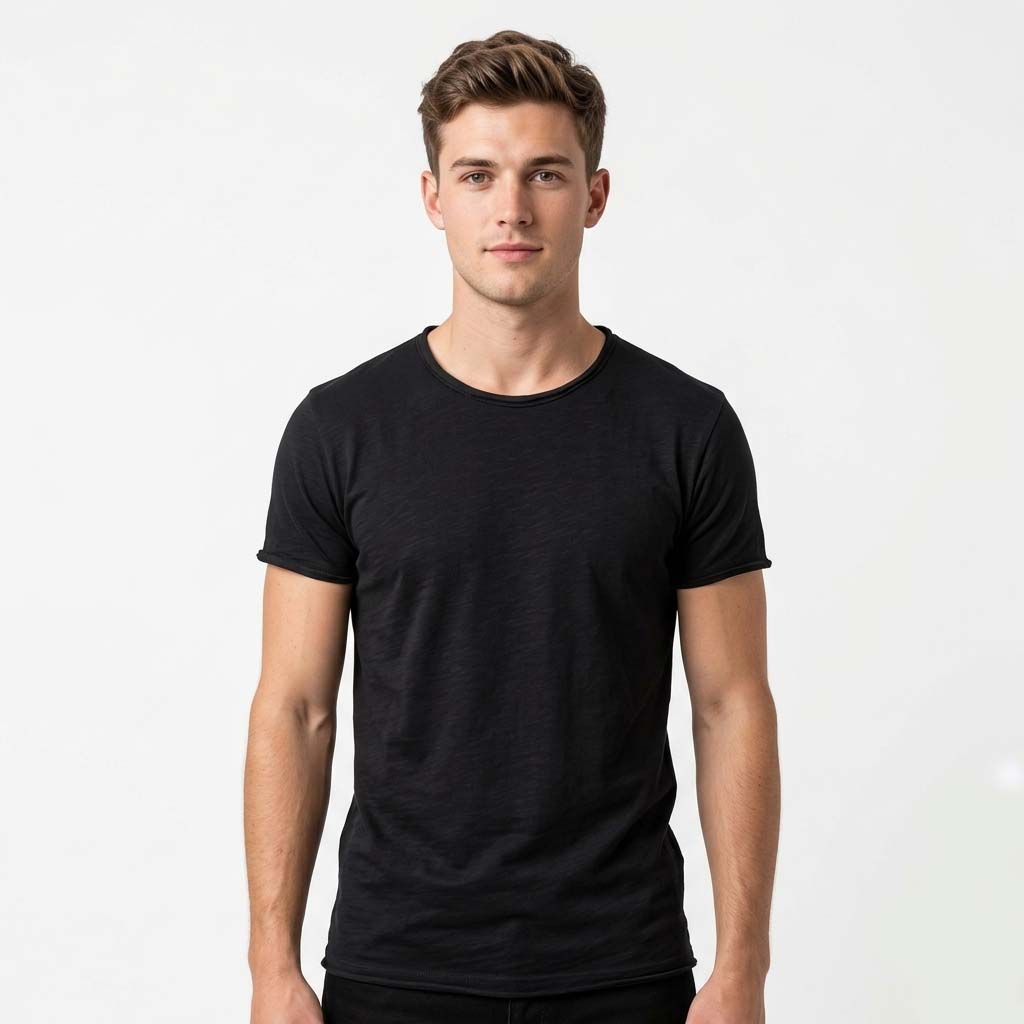 Men's T-Shirt - Slub Texture with Rolled Hem and Short Sleeve Detail