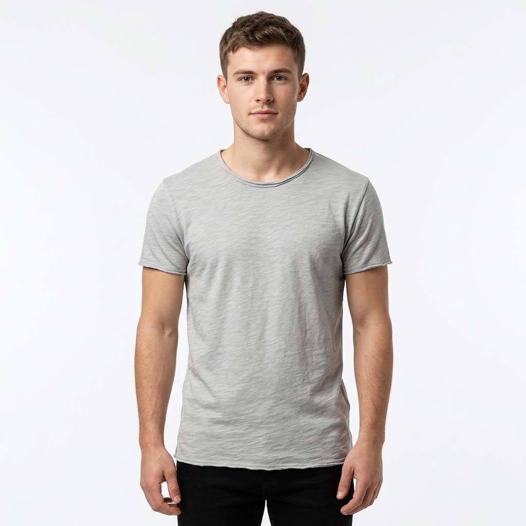 Men's T-Shirt - Slub Texture with Rolled Hem and Short Sleeve Detail